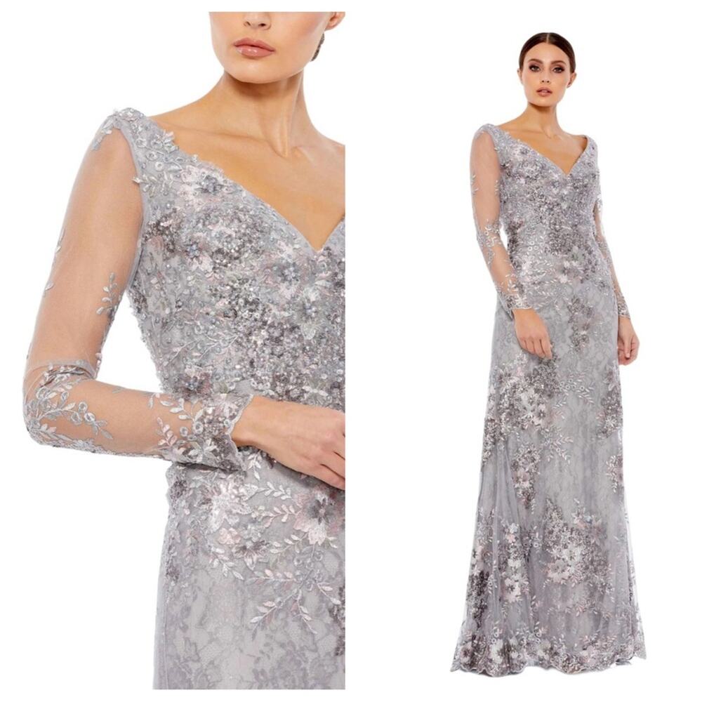 NWT MAC DUGGAL 67539 Platinum Embellished V-Neck Illusion Long Sleeve Gown Women
